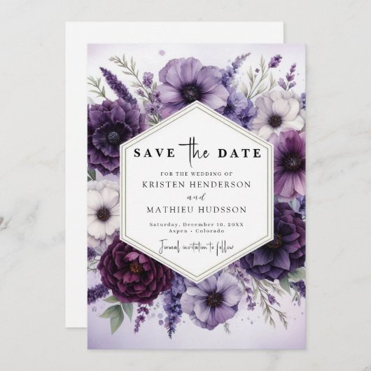 Moderne Paarse bloemen bruiloft Save The Date (Voorkant / Achterkant)