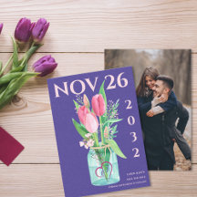 Moderne Paarse Bloemen Fotobruiloft Save the Date