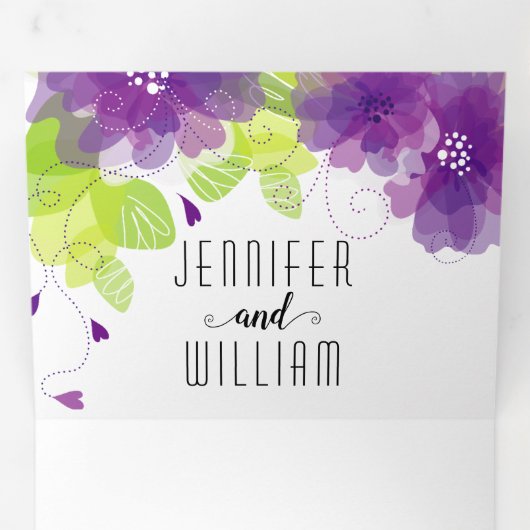 Moderne paarse bloemen, typografie bloemperbruilof drieluik uitnodiging (Binnenzijde eerst)