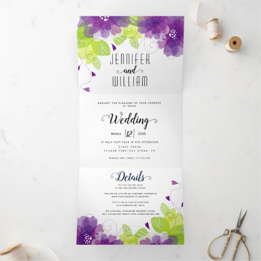Moderne paarse bloemen, typografie bloemperbruilof drieluik uitnodiging (Binnen)
