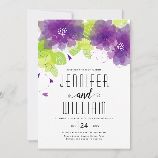 Moderne paarse bloemen, typografie bloemperbruilof kaart (Voorkant)