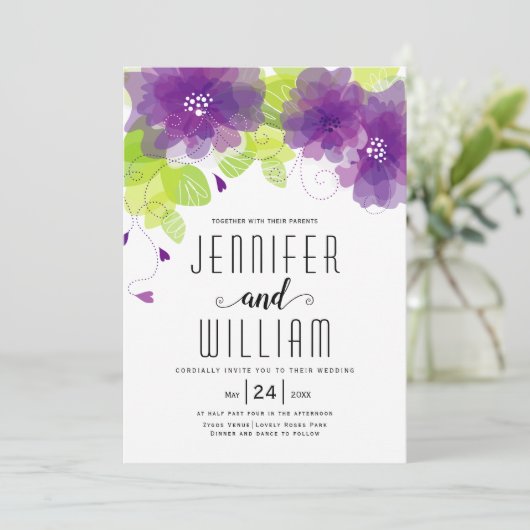 Moderne paarse bloemen, typografie bloemperbruilof kaart (Staand voorkant)