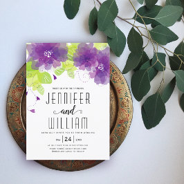 Moderne paarse bloemen, typografie bloemperbruilof kaart