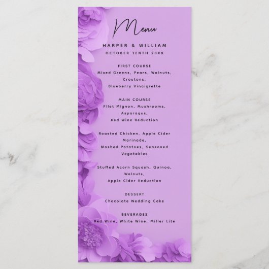 Moderne paarse bloemenbruiloft menu (Voorkant)