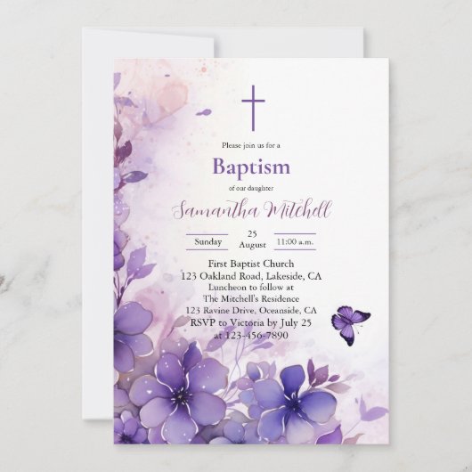 Moderne Paarse bloemendoopuitnodiging Kaart (Voorkant)