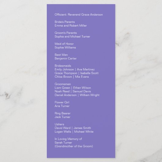 Moderne paarse bloemenelegantie programmakaart (Achterkant)