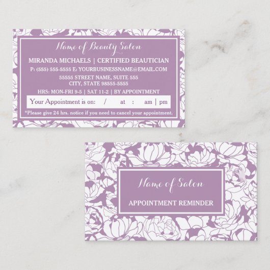 Moderne Paarse Bloemensalon Afspraakherinnering Afsprakenkaartje (Voorkant / Achterkant)
