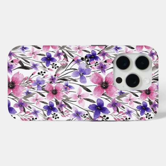 Moderne Paarse bloementeelt in roze Waterverf Case-Mate iPhone Case (Achterkant (horizontaal))