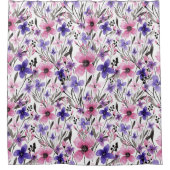 Moderne Paarse bloementeelt in roze Waterverf Douchegordijn (Voorkant)