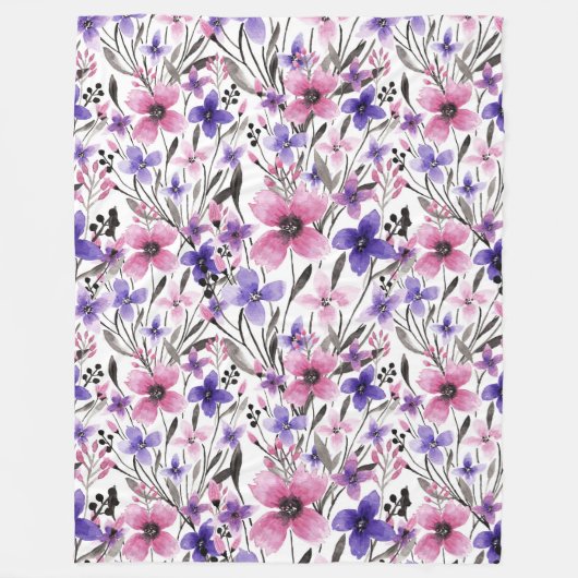 Moderne Paarse bloementeelt in roze Waterverf Fleece Deken (Voorkant)