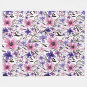 Moderne Paarse bloementeelt in roze Waterverf Fleece Deken (Voorkant (Horizontaal))