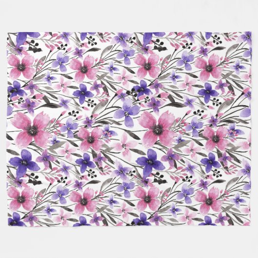 Moderne Paarse bloementeelt in roze Waterverf Fleece Deken (Voorkant (Horizontaal))