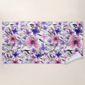 Moderne Paarse bloementeelt in roze Waterverf Strandlaken (Voorkant)