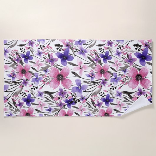 Moderne Paarse bloementeelt in roze Waterverf Strandlaken (Voorkant)