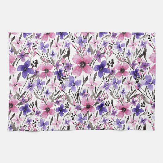 Moderne Paarse bloementeelt in roze Waterverf Theedoek (Horizontaal)