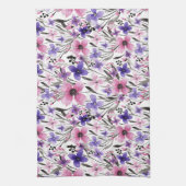 Moderne Paarse bloementeelt in roze Waterverf Theedoek (Verticaal)