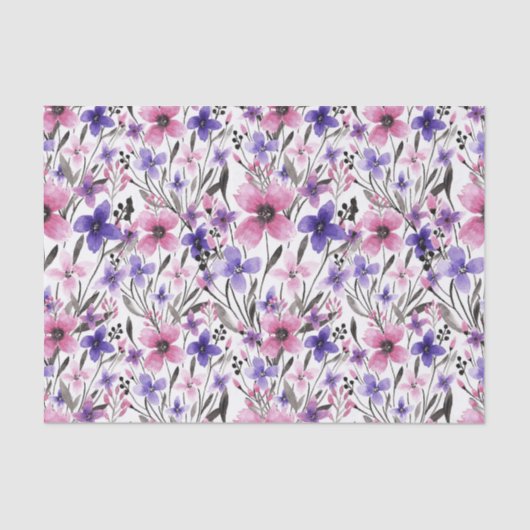 Moderne Paarse bloementeelt in roze Waterverf Tissuepapier (Voorkant)