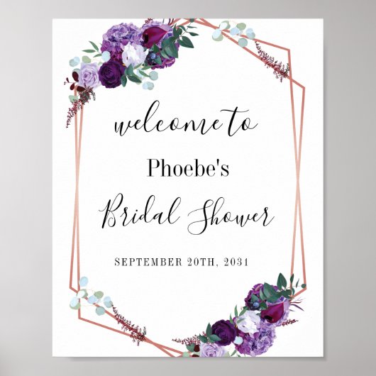 Moderne Paarse Bloemige Bruiloftsshower Welkom Poster (Voorkant)