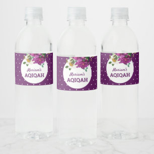 Moderne paarse bloemige polka stippen Aqiqah Waterfles Etiket