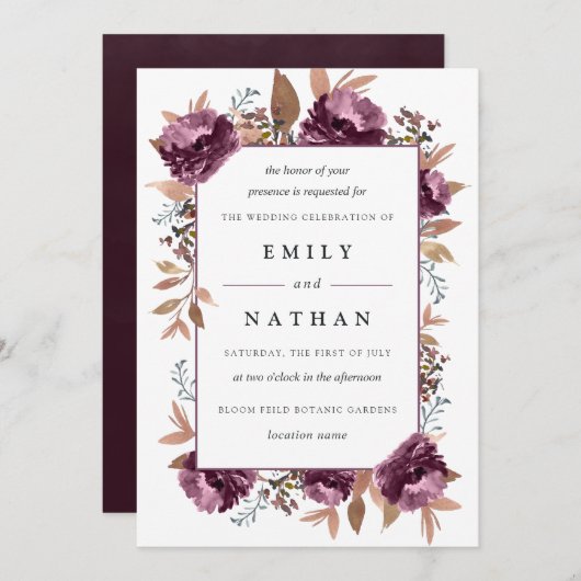 Moderne Paarse Bloom Waterverf bruiloft Kaart (Voorkant / Achterkant)