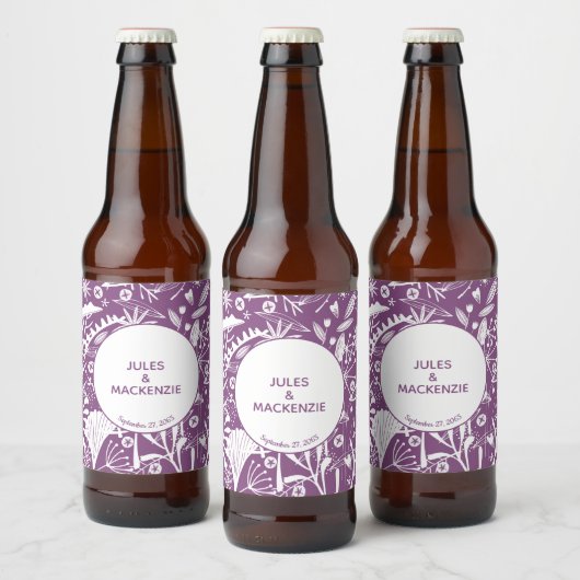 Moderne Paarse botanische bruiloft Bier Etiket (Flessen)