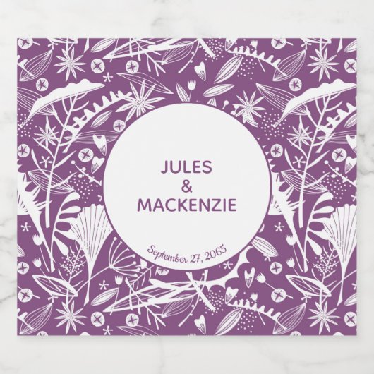 Moderne Paarse botanische bruiloft Likeurfles Etiket (Enkel label)