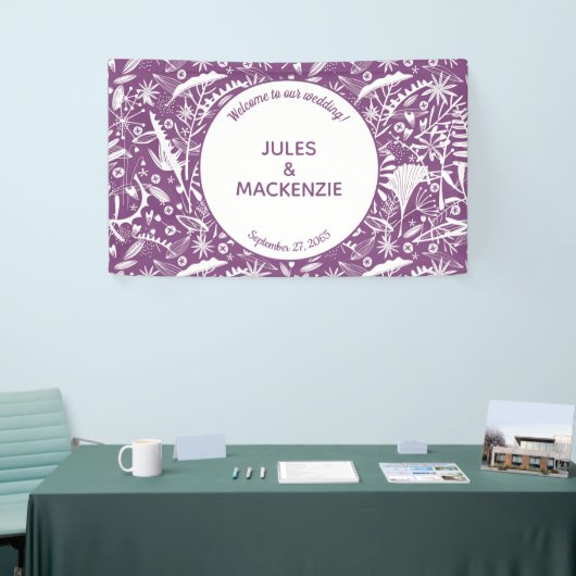 Moderne Paarse botanische bruiloft Spandoek (Beurs)