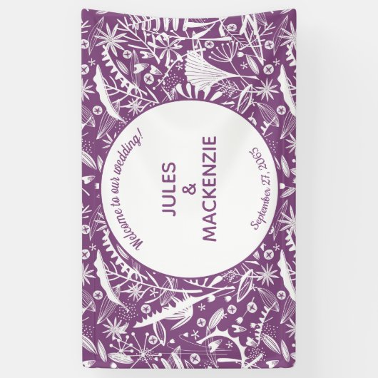 Moderne Paarse botanische bruiloft Spandoek (Verticaal)