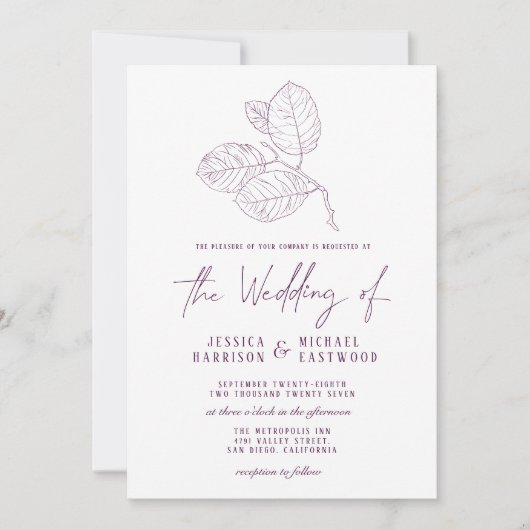 Moderne Paarse botanische omtrek legant bruiloft Kaart (Voorkant)