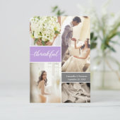 Moderne Paarse bruiloft foto dankbaar script Bedankkaart (Staand voorkant)