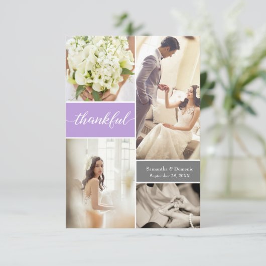 Moderne Paarse bruiloft foto dankbaar script Bedankkaart (Staand voorkant)
