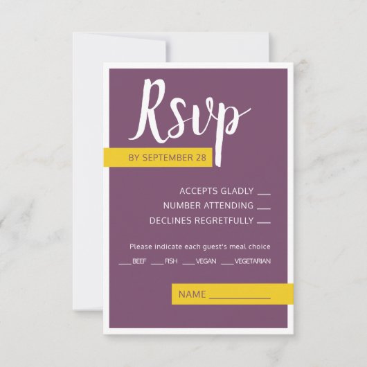 Moderne paarse bruiloft met een minimum RSVP kaartje (Voorkant)