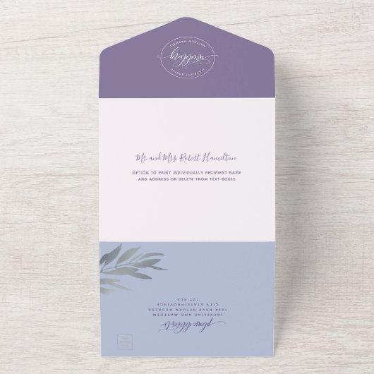 Moderne Paarse bruiloft met geperforeerde RSVP All In One Uitnodiging (Buitenkant)