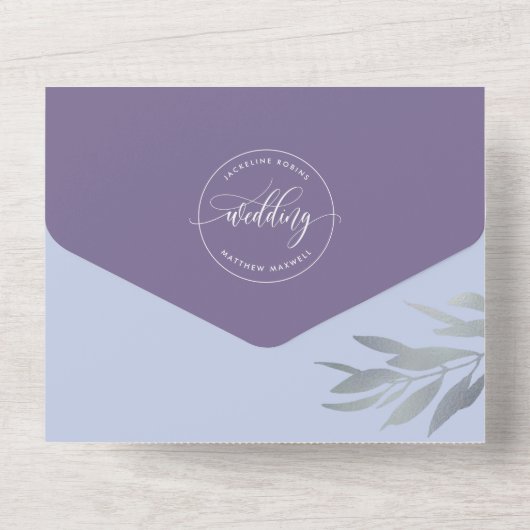 Moderne Paarse bruiloft met geperforeerde RSVP All In One Uitnodiging (Achterkant)