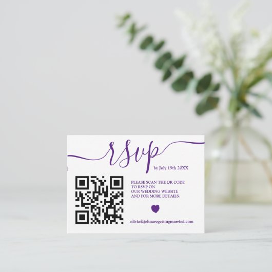 Moderne Paarse bruiloft rsvp Qr code foto Enclosur Informatiekaartje (Staand voorkant)