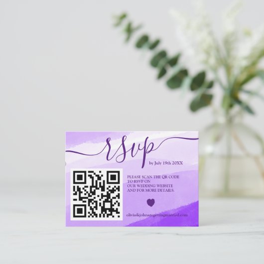 Moderne Paarse bruiloft rsvp Qr code foto Informatiekaartje (Staand voorkant)