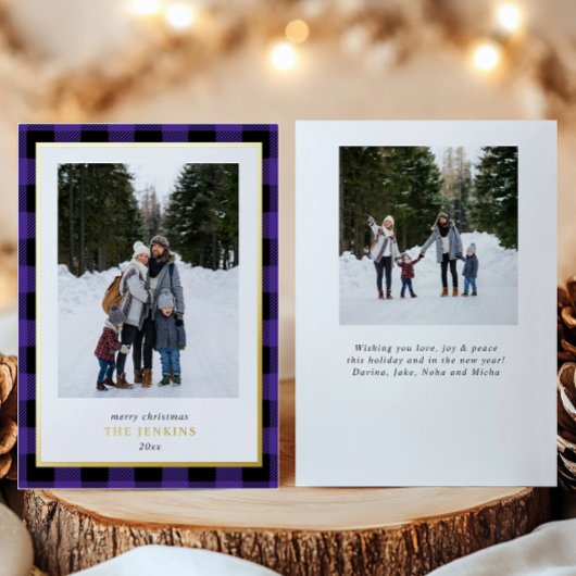 Moderne Paarse Buffel speelde twee kerstfoto's Folie Feestdagenkaart