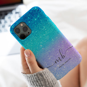 Moderne paarse chic monogram met blauwe glitters o iPhone 13 pro max hoesje
