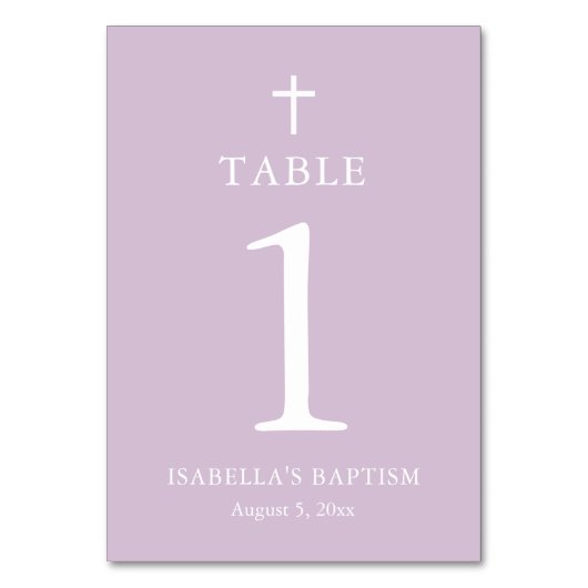 Moderne Paarse Cross-Girl Baptism Table Number Kaa Kaart (Voorkant)