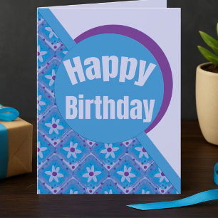 Moderne paarse en blauwe vierkanten met bloemen Ve Kaart