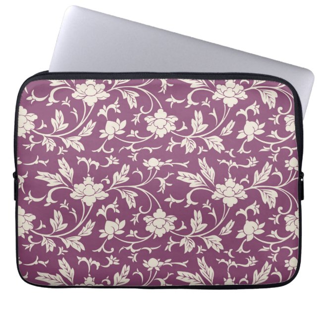 Moderne, Paarse en cream Floral laptophoes Laptop Sleeve (Voorkant)