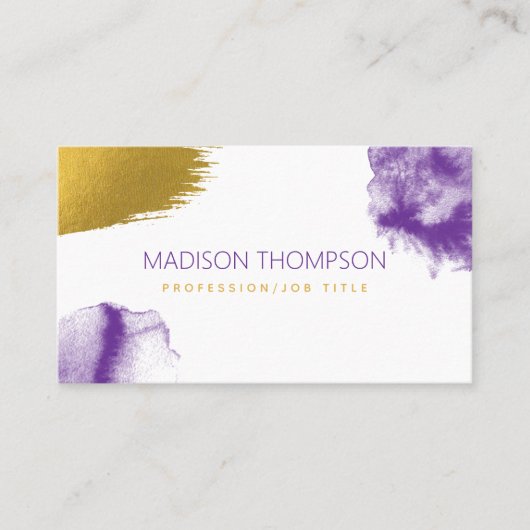 Moderne Paarse en Gold Waterverf QR-code Visitekaartje (Voorkant)