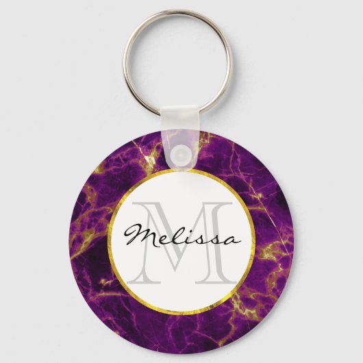 Moderne Paarse en gouden Abstracte marmer-monogram Sleutelhanger (Voorkant)