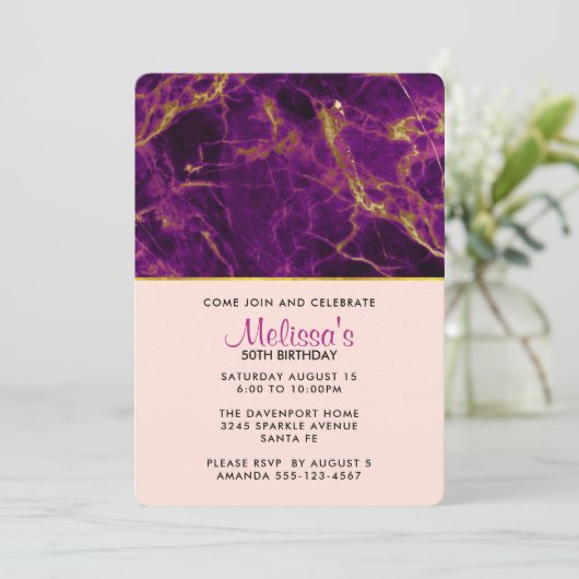 Moderne Paarse en gouden Abstracte marmerdag Kaart (Staand voorkant)