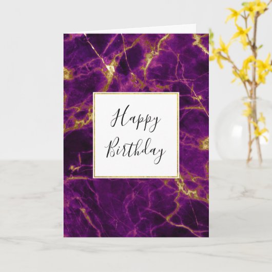 Moderne Paarse en gouden Abstracte marmerdag Kaart (Gele Bloem)