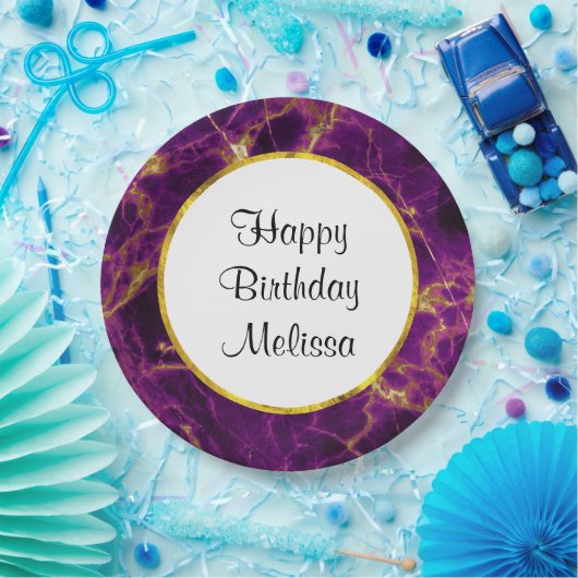 Moderne Paarse en gouden Abstracte marmerdag Papieren Bordje (Feest)