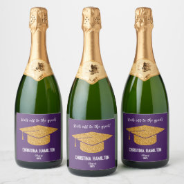 Moderne Paarse en gouden afstudeerdop Sparkling Wijnetiket