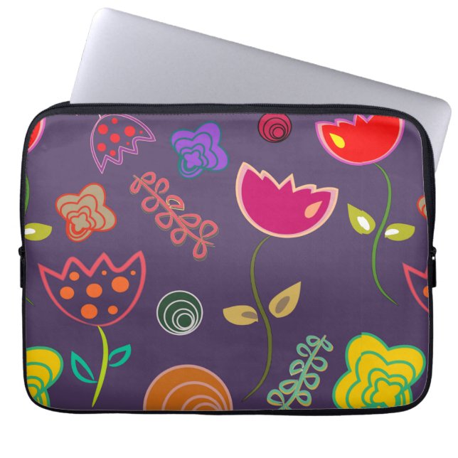 Moderne paarse en roze bloemen laptop sleeve (Voorkant)