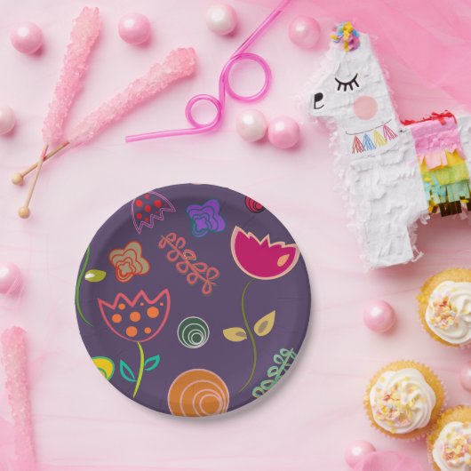 Moderne paarse en roze bloemen papieren bordje (Feest)