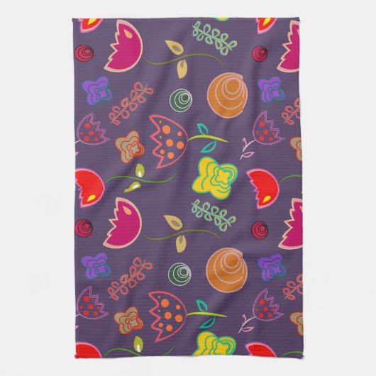 Moderne paarse en roze bloemen theedoek (Verticaal)